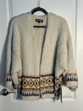 Sweet & Sinful Cream Fuzzy Open-Front Sweater Geometric Pattern Sz XL NWT